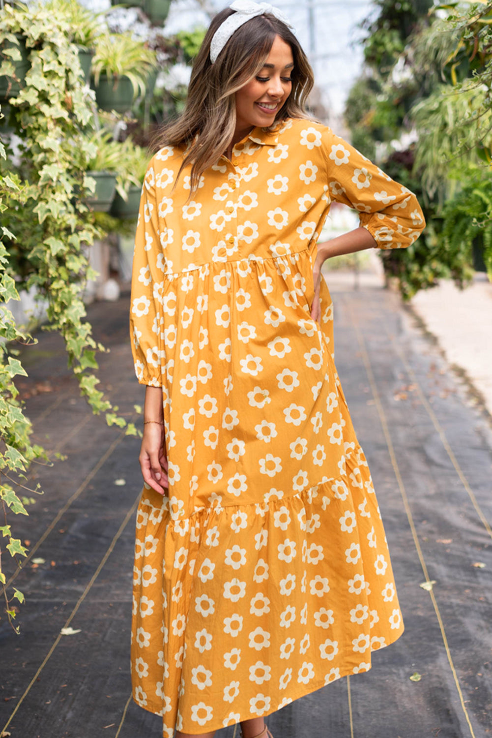 Charming floral collared maxi dress with button detail and bracelet sleeves