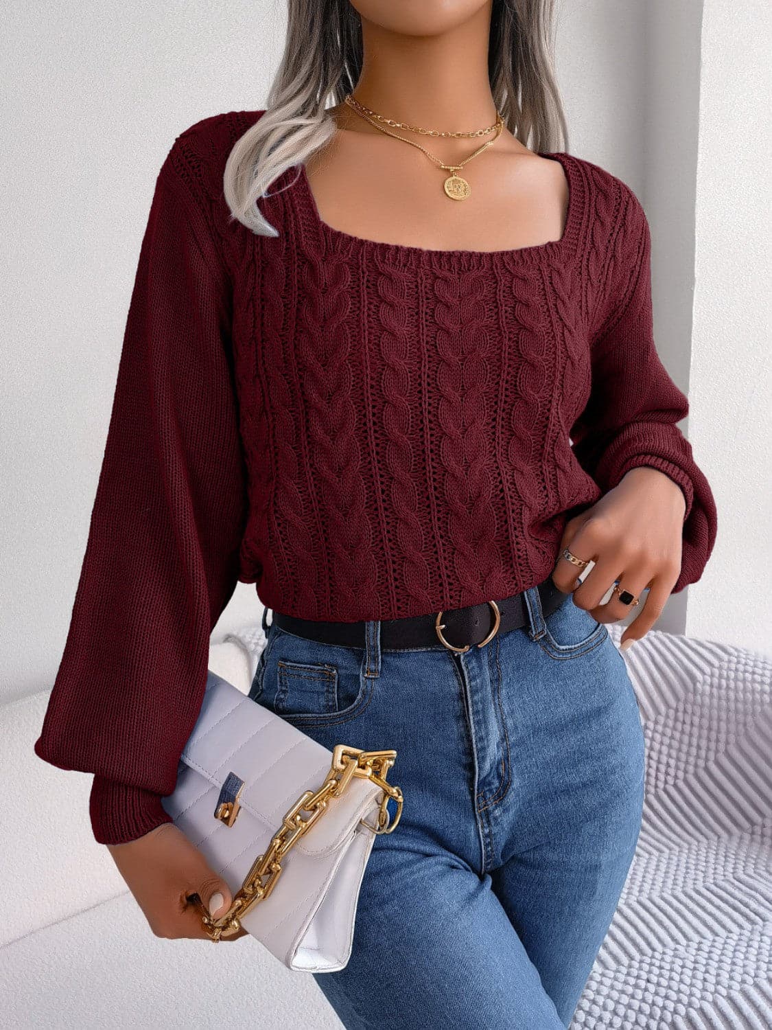 Cable-Knit Square Neck Long Sleeve Sweater.