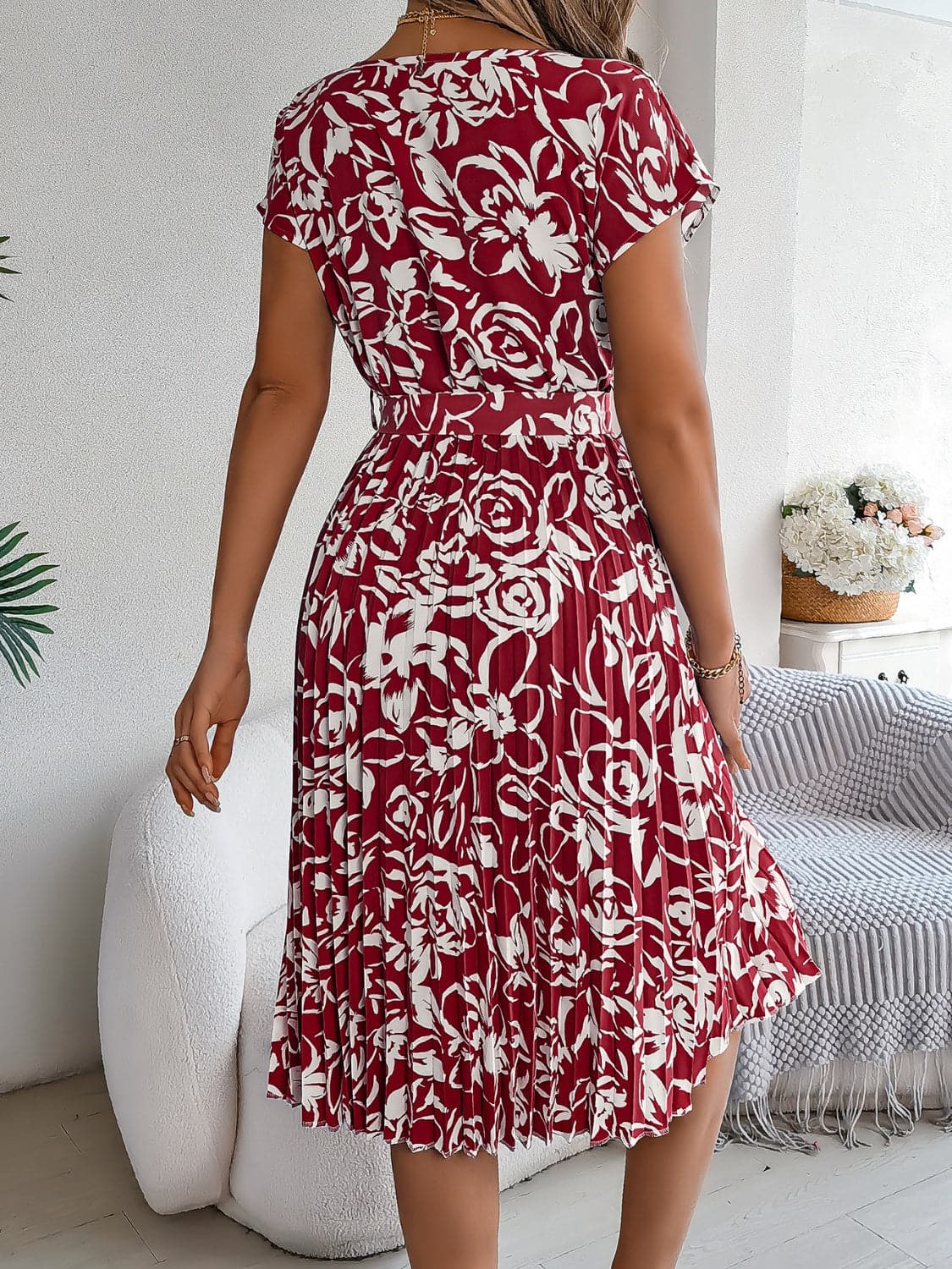 Tied Pleated Printed Short Sleeve Dress.