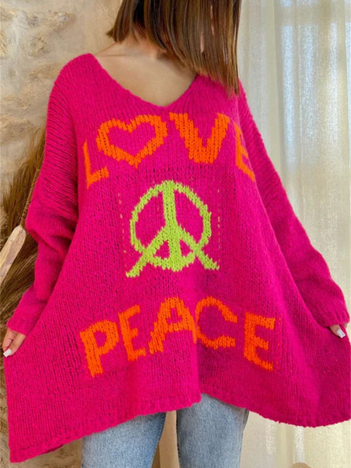 Peace Graphic V-Neck Long Sleeve Sweater.