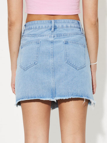 Distressed Raw Hem Mini Denim Skirt.