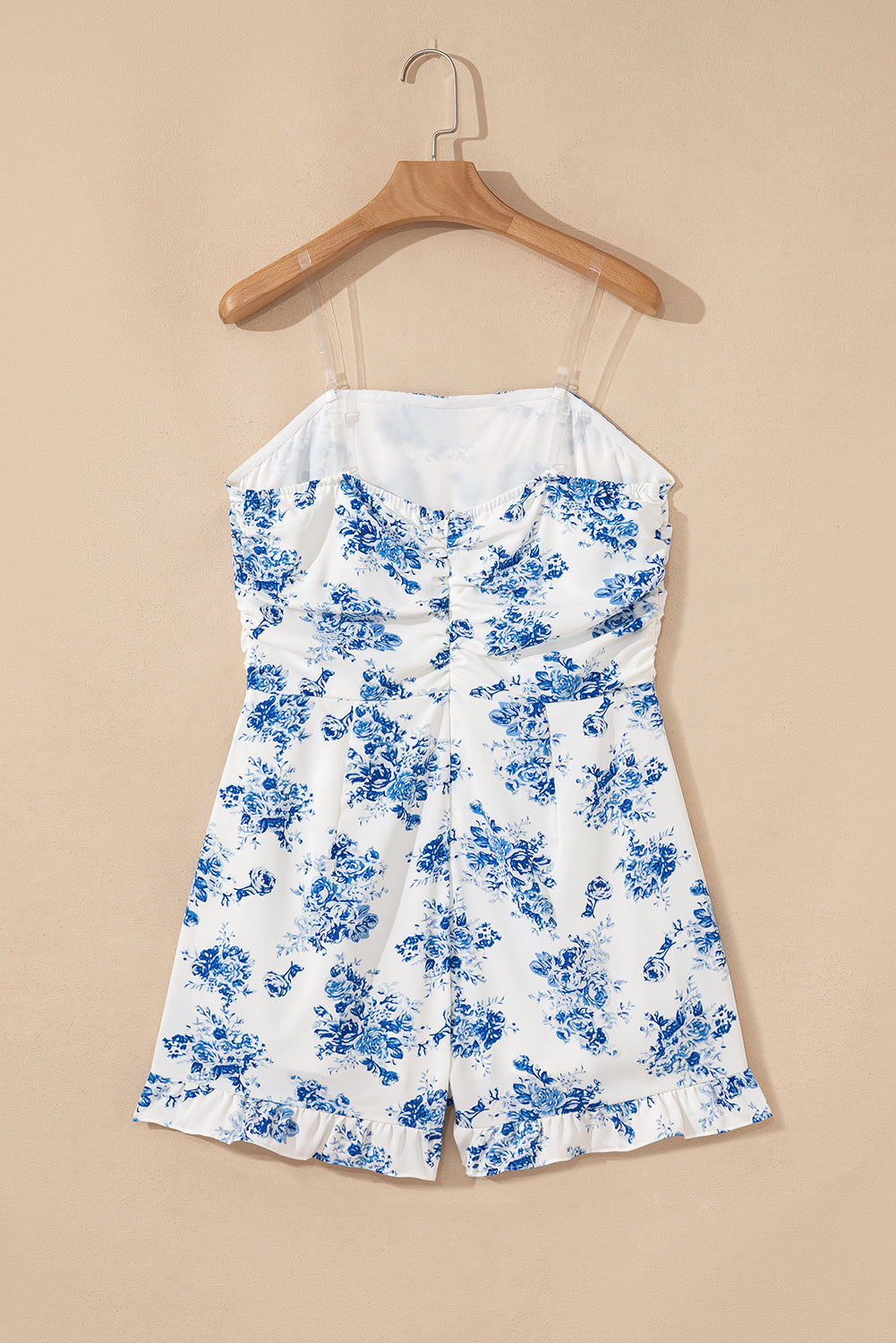 Sky Blue Floral Print Strapless Zipped Back Knot Waist Ruffled Romper Love Salve