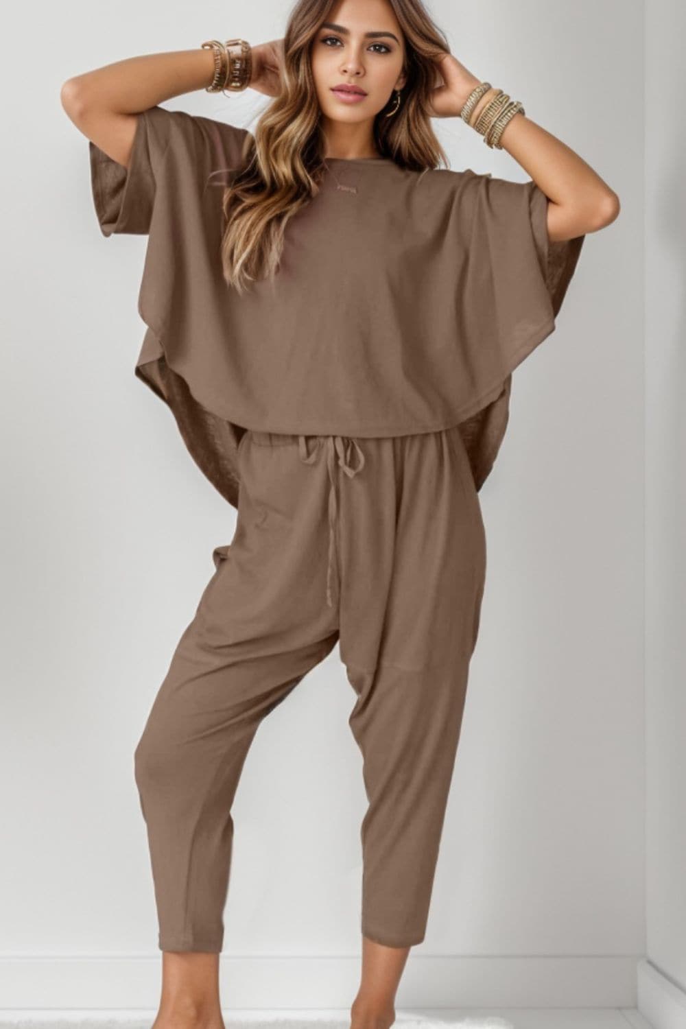 Round Neck Dropped Shoulder Top and Pants Set.