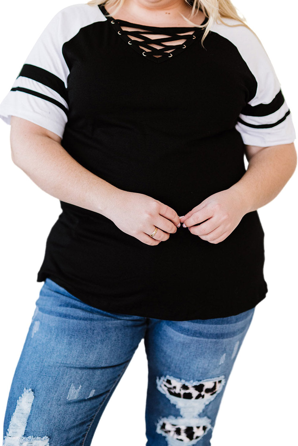 Chic black crisscross v-neck plus size tee with raglan sleeves