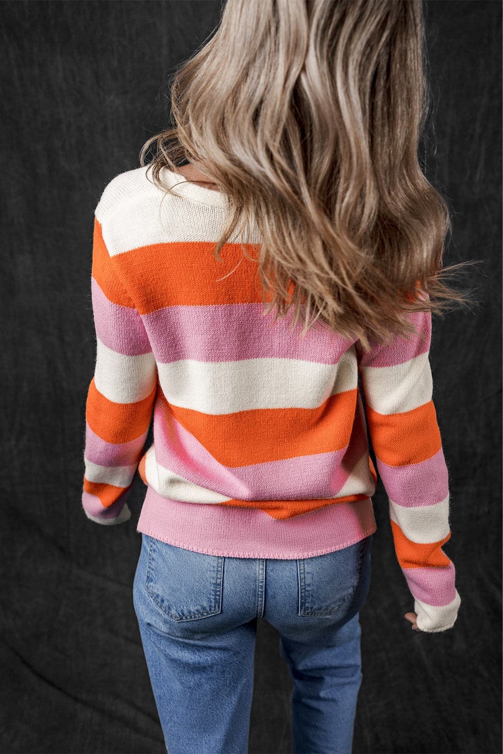 Color Block V-Neck Long Sleeve Sweater.