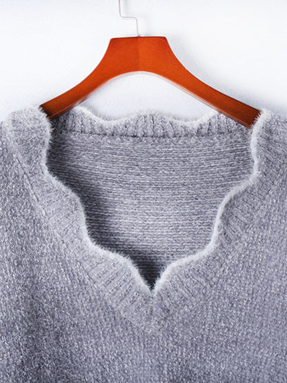 Notched Dropped Shoulder Long Sleeve Sweater.