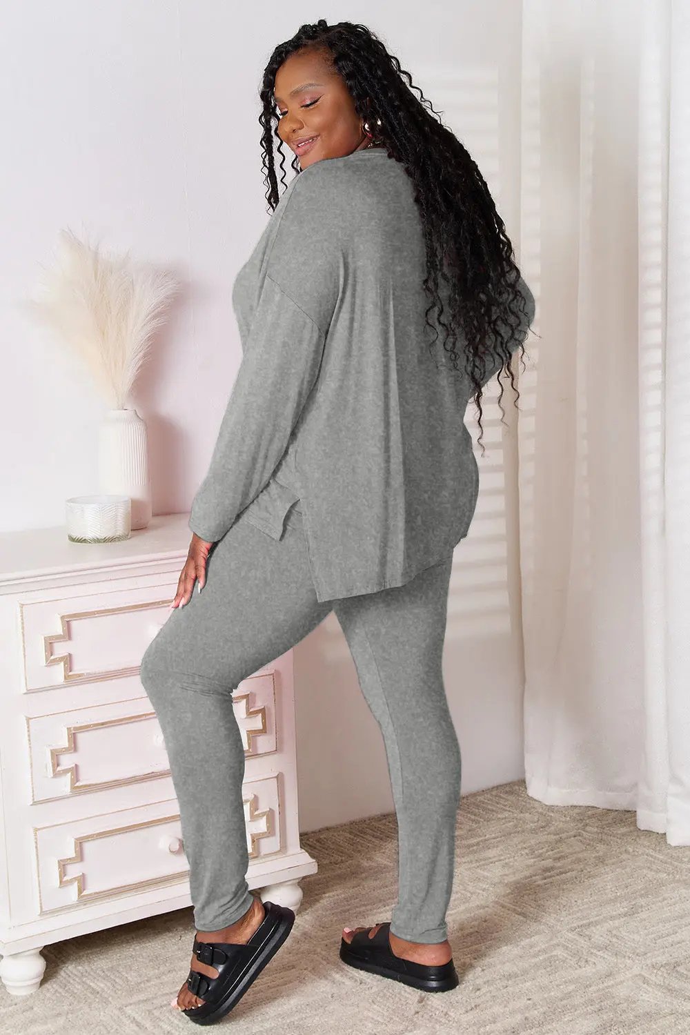 Basic Bae Bamboo Full Size V-Neck Long Sleeve Top and Pants Lounge Set - Love Salve