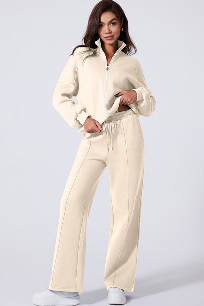 Beige Drop Shoulder Zip Jacket Set 2Pcs Activewear Gear