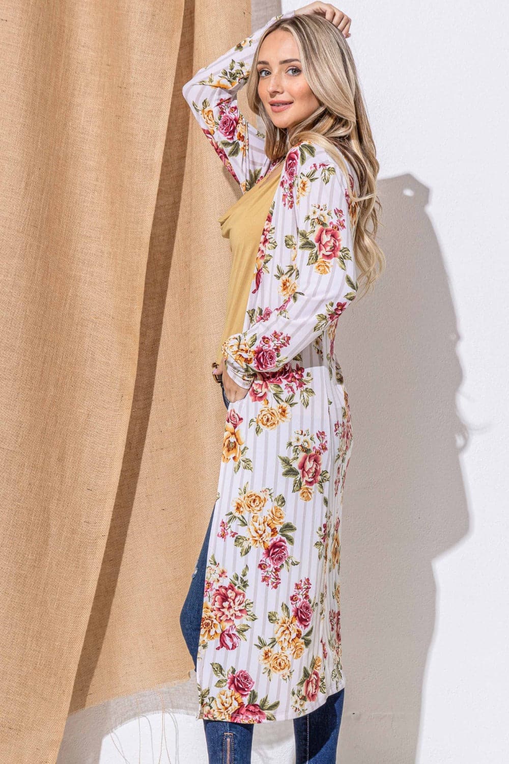 Floral longline cardigan - open front design