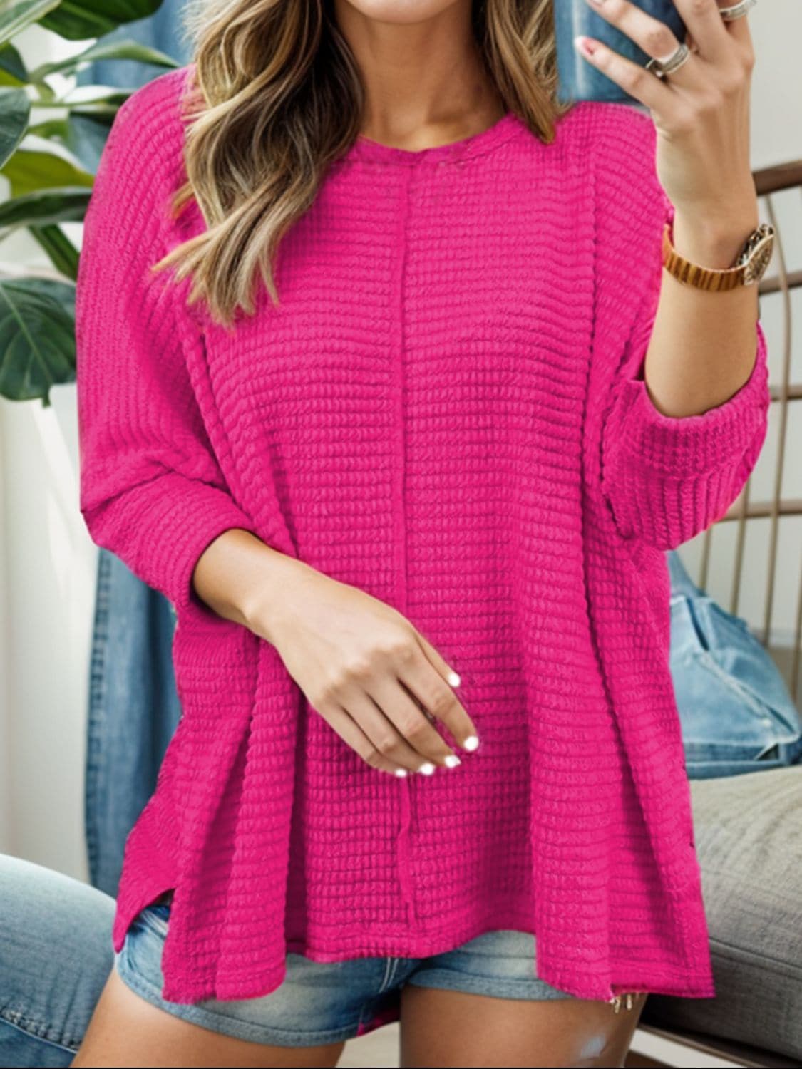 Round Neck Waffle Knit Slit Sweater.