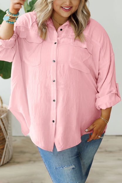 Chic pink plus size button-down shirt with flap pockets and roll-tab sleeves