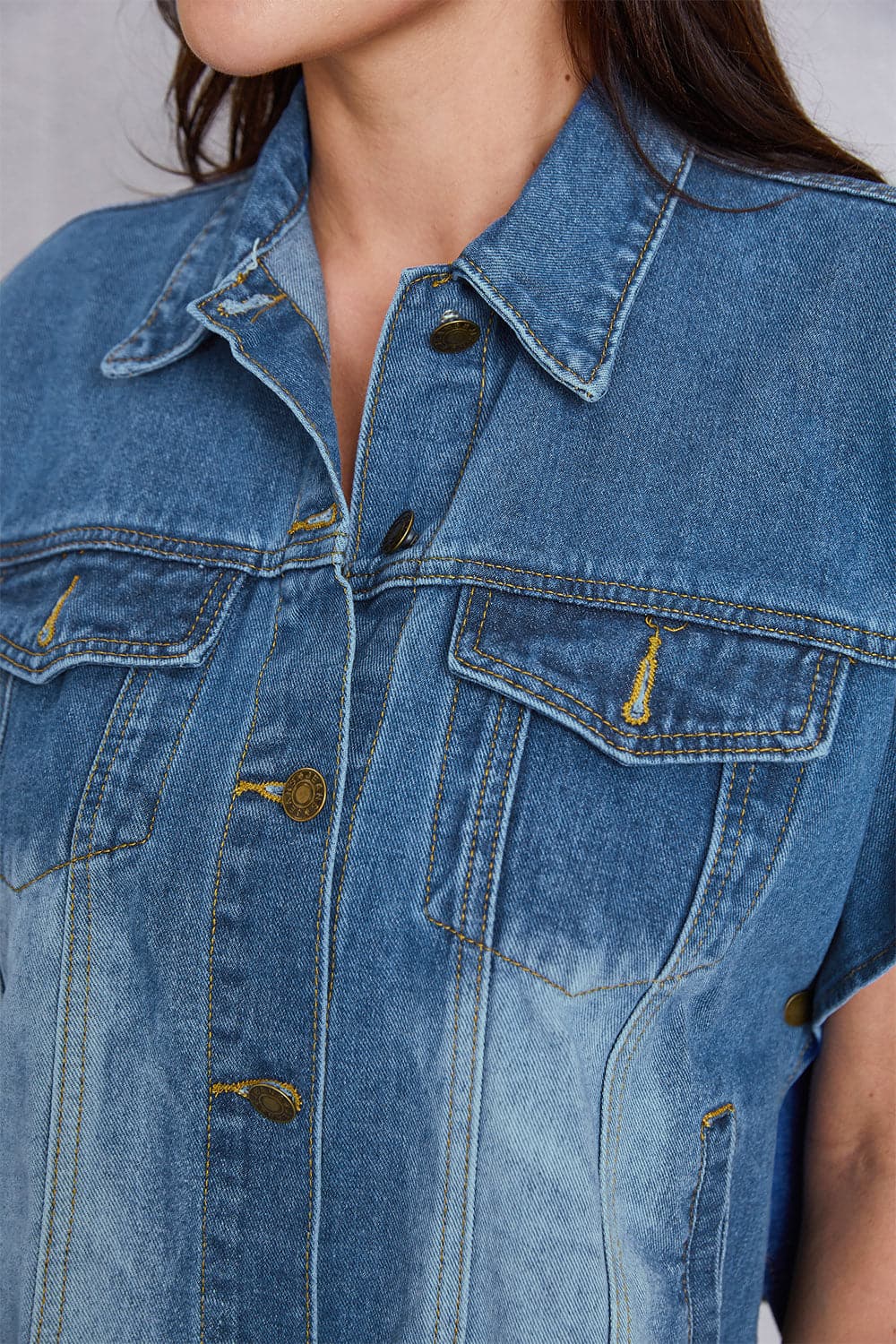 Pocketed Button Up Short Sleeve Denim Top.