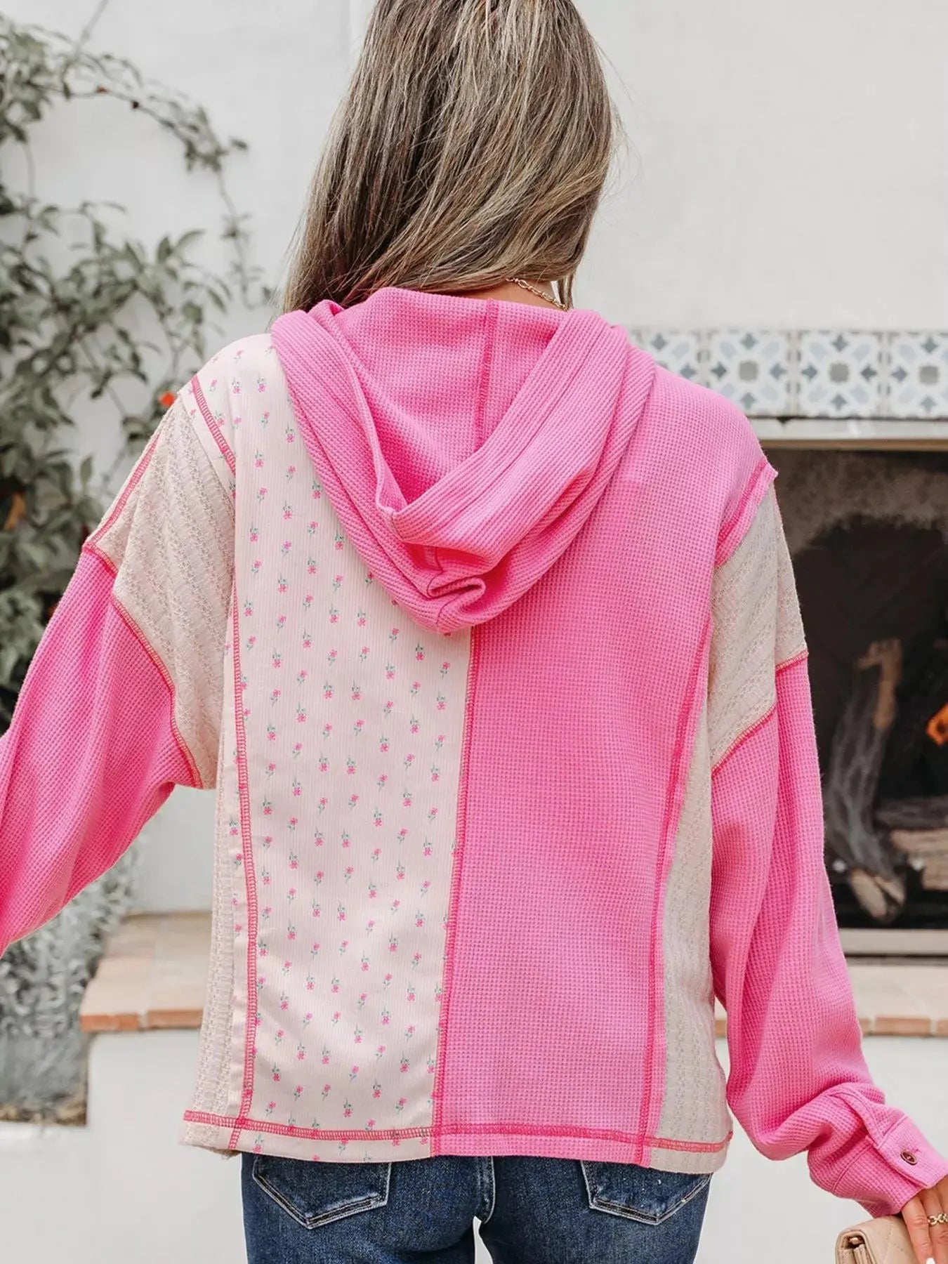 Mixed Texture Waffle Floral Patchwork Hooded Oversize Pullover Simply Love