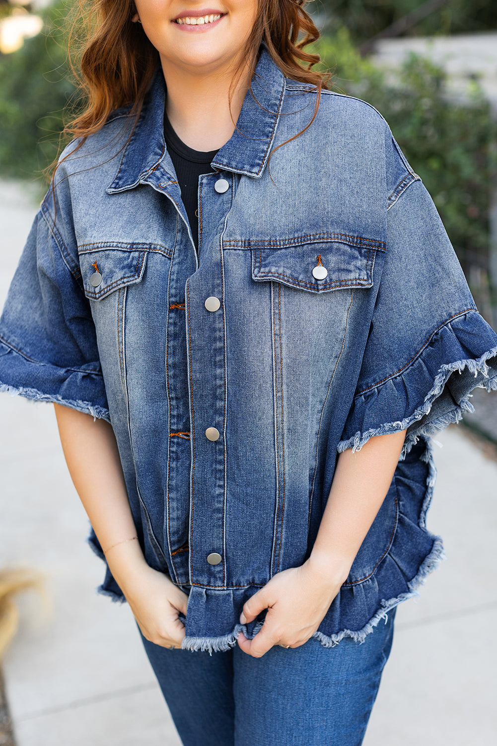 Peacock Blue Ruffled Denim Jacket Plus Size Short Sleeve Dear-Lover Dropshipping