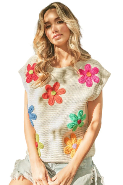 BiBi Flower Round Neck Cap Sleeve Knit Top.