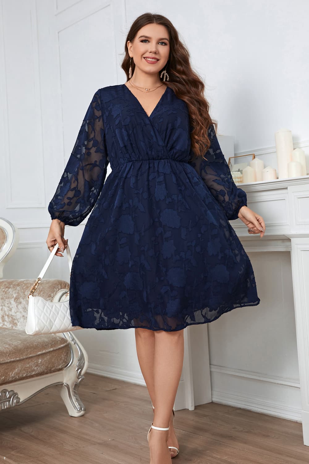 Melo Apparel Plus Size Surplice Neck Balloon Sleeve Dress.