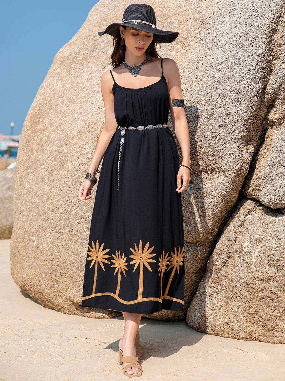 Embroidered Scoop Neck Midi Cami Dress.