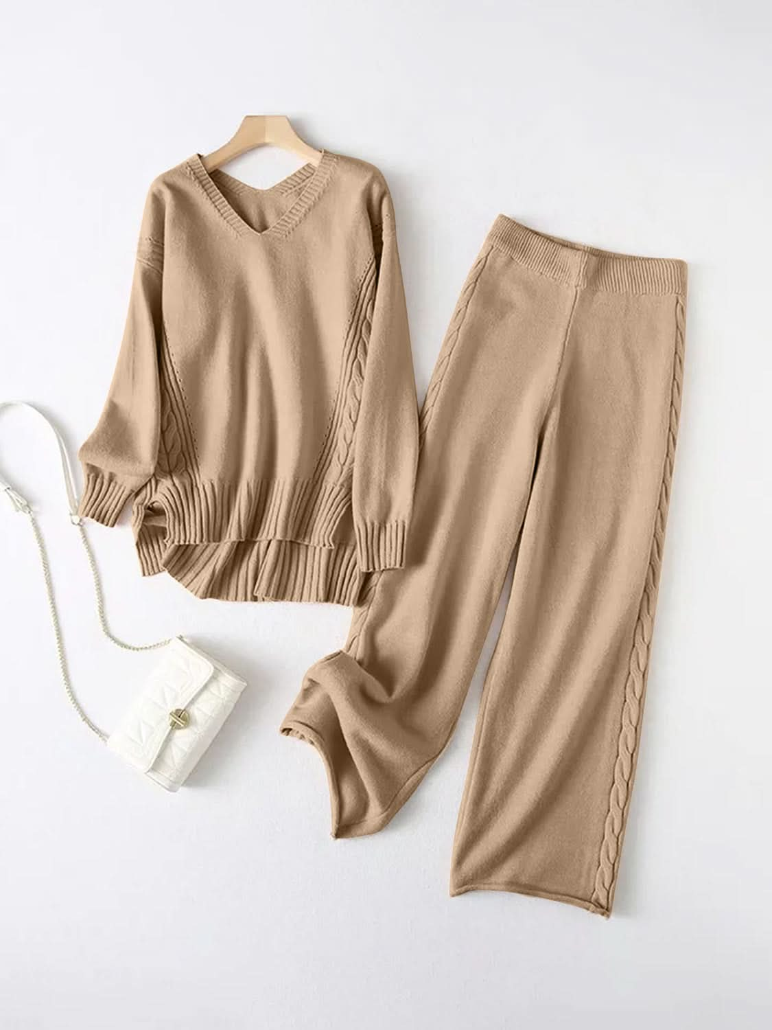 Chic V-neck long sleeve top and matching pants set