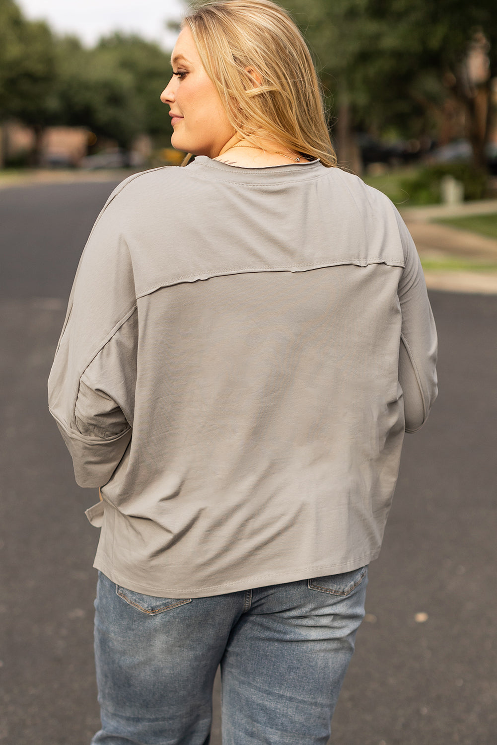 Chic medium grey floral star patch top with 3/4 sleeves in plus sizes