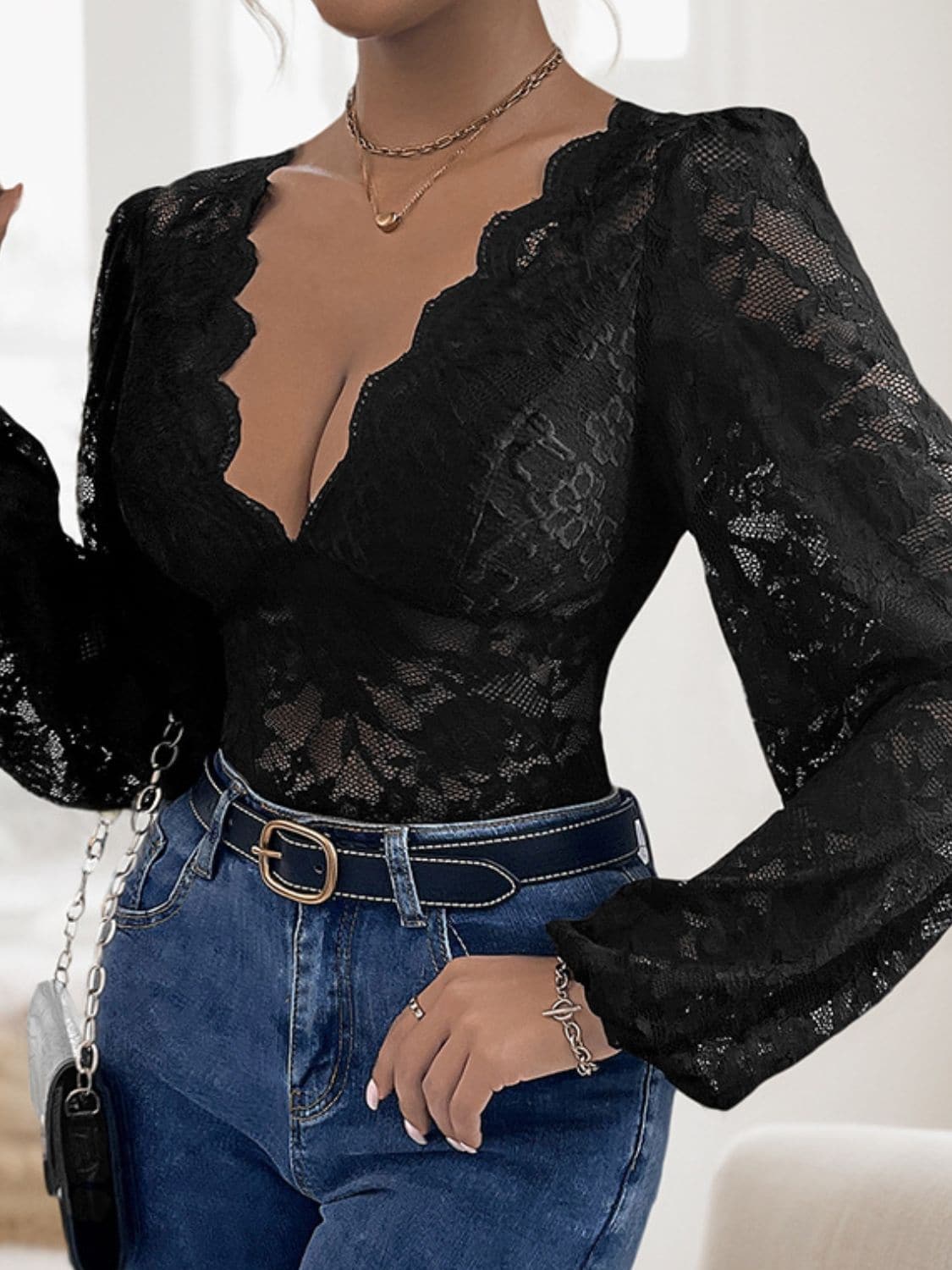 Lace-embellished plunge long sleeve bodysuit