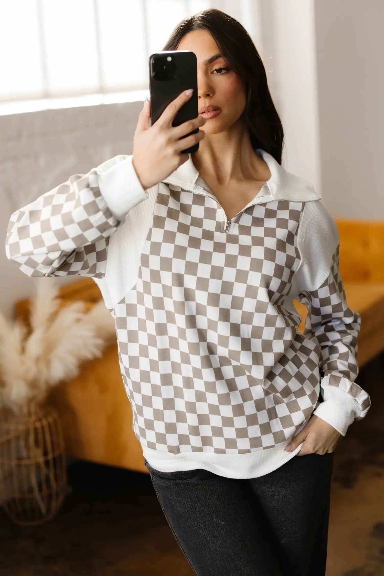 Khaki Checkered Print Quarter Zip Ribbed Patchwork Loose Sweatshirt Dear-Lover Dropshipping