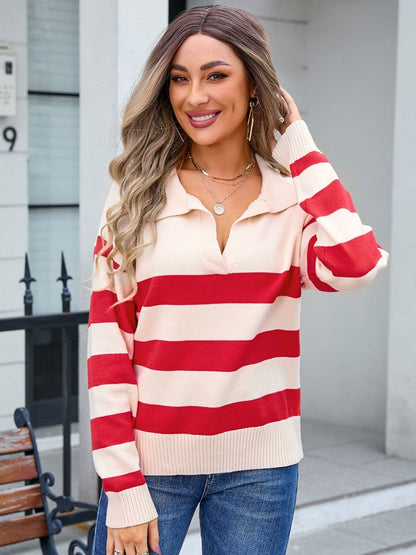 Striped Johnny Collar Knit Top.