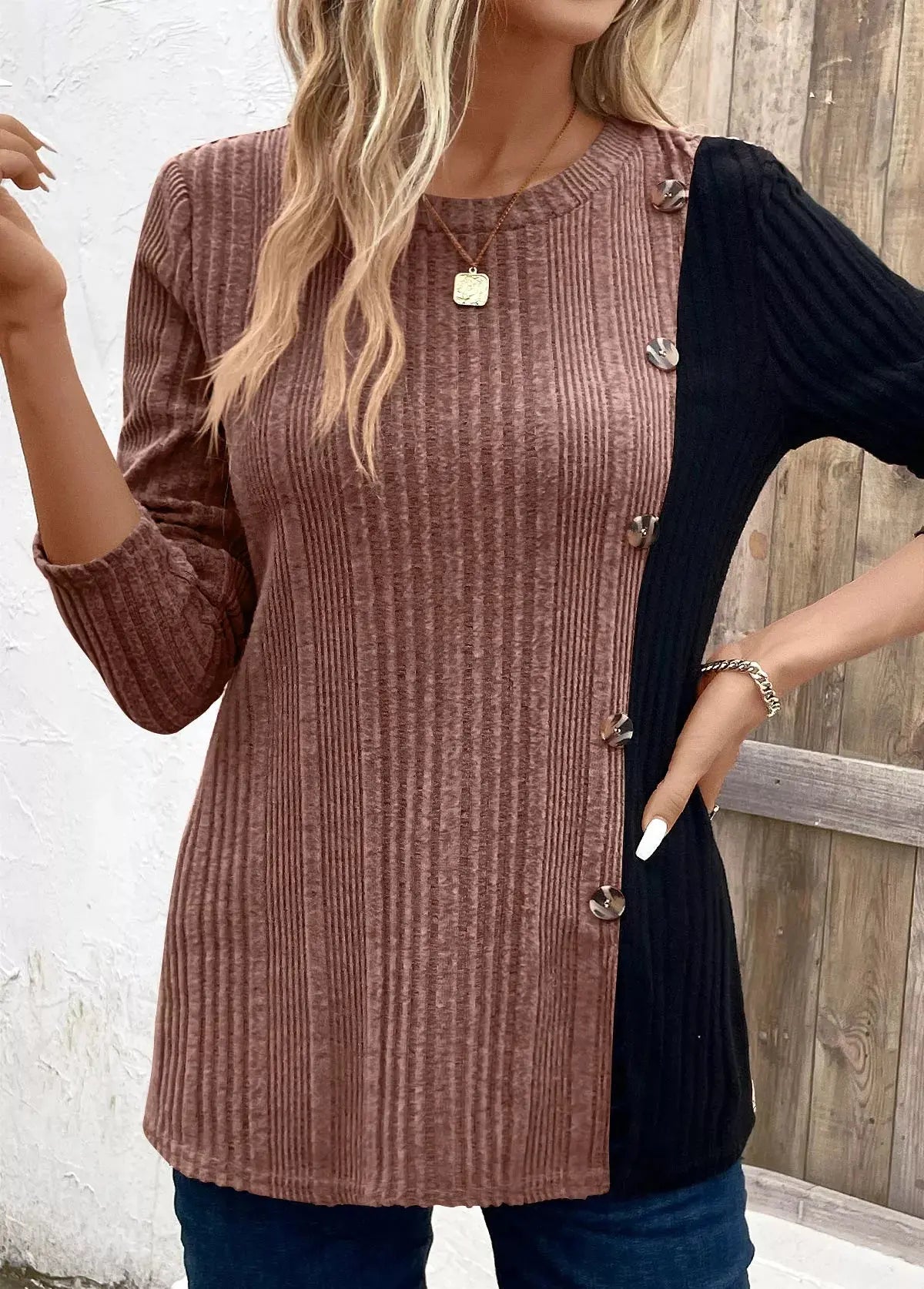 Color Block Ribbed Knit Top With Decorative Buttons Slit Detail Simply Love