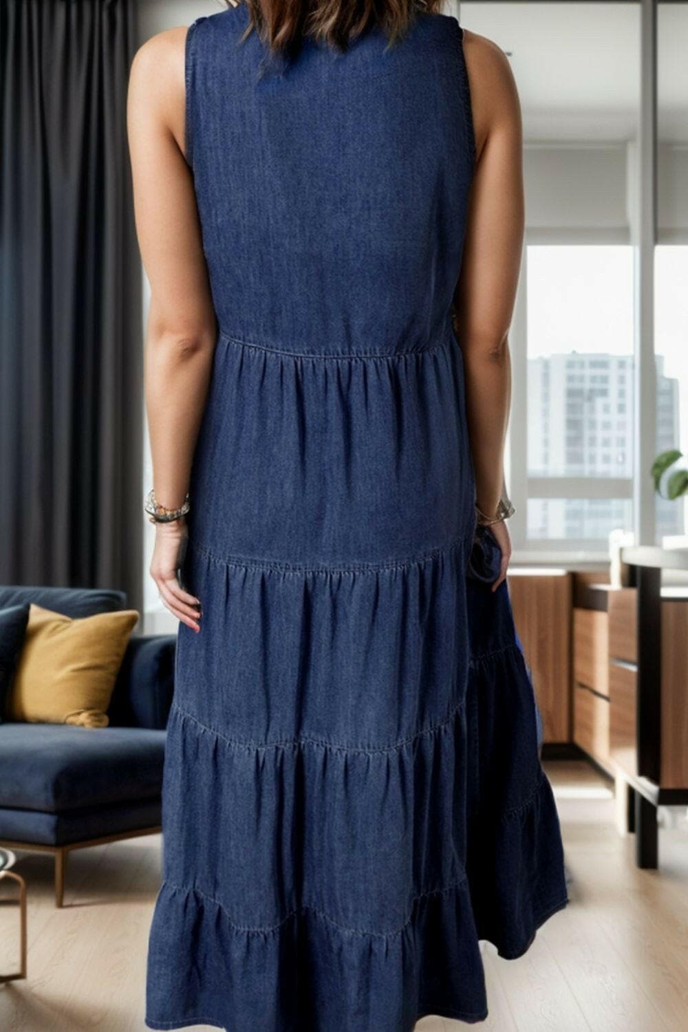 Tie Neck Sleeveless Denim Dress.