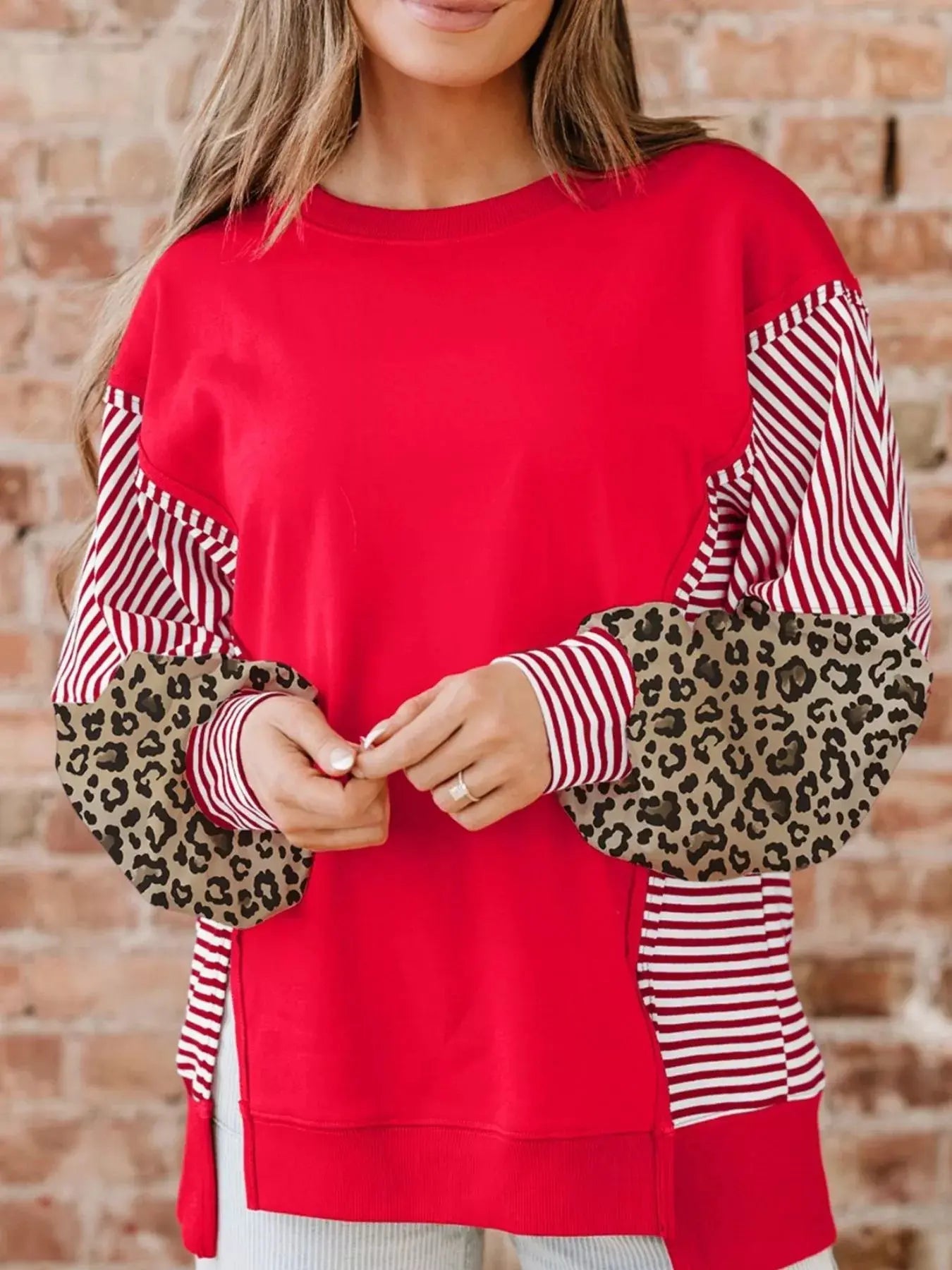 Striped Patchwork Sleeve Colorblock Sweatshirt Simply Love