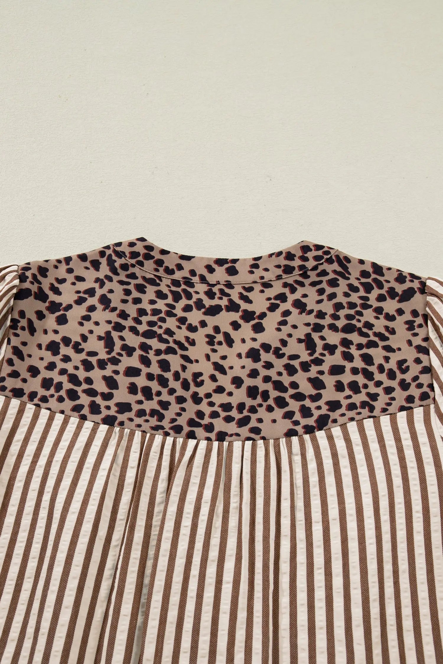 Brown Stripe Leopard Trim V Neck Button Down Half Sleeve Shirt Dear-Lover Dropshipping