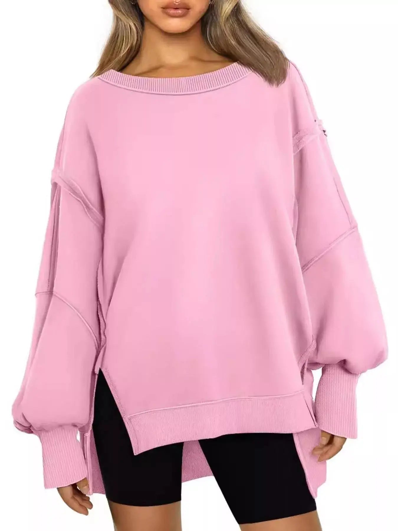 Side Slit Long Sleeve Oversized Sweatshirt Simply Love