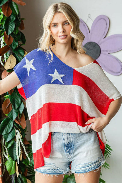 First Love Full Size USA Flag Drop Shoulder Knit Top.