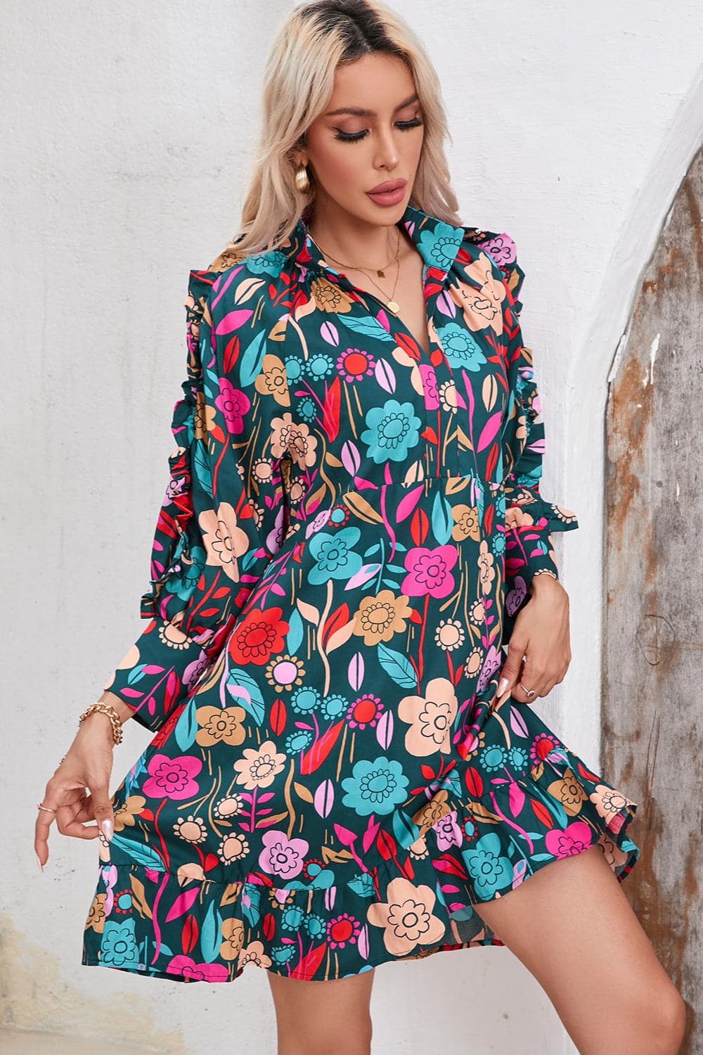 Printed Notched Lantern Sleeve Mini Dress.