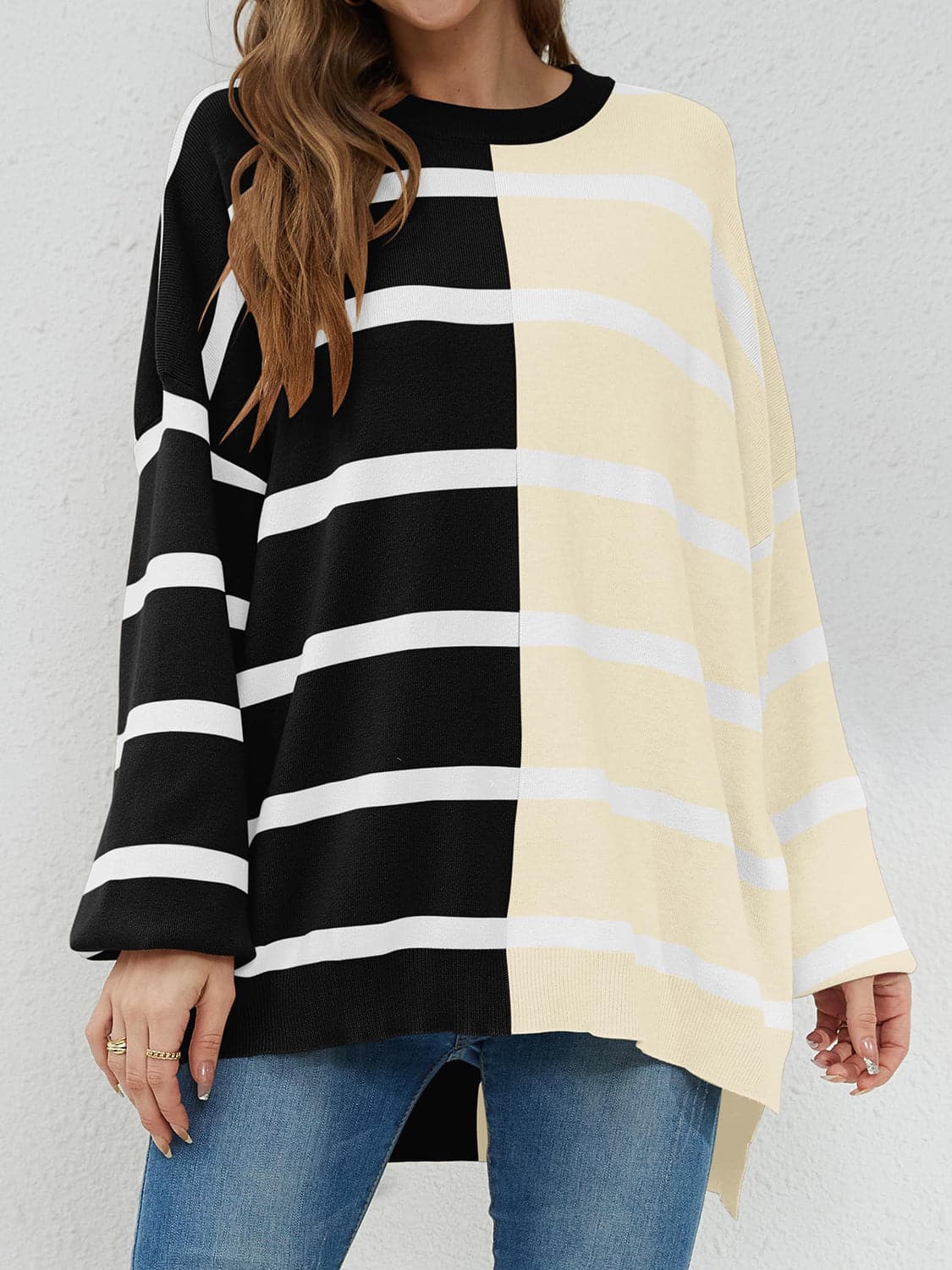 Striped Round Neck Long Sleeve Sweater.