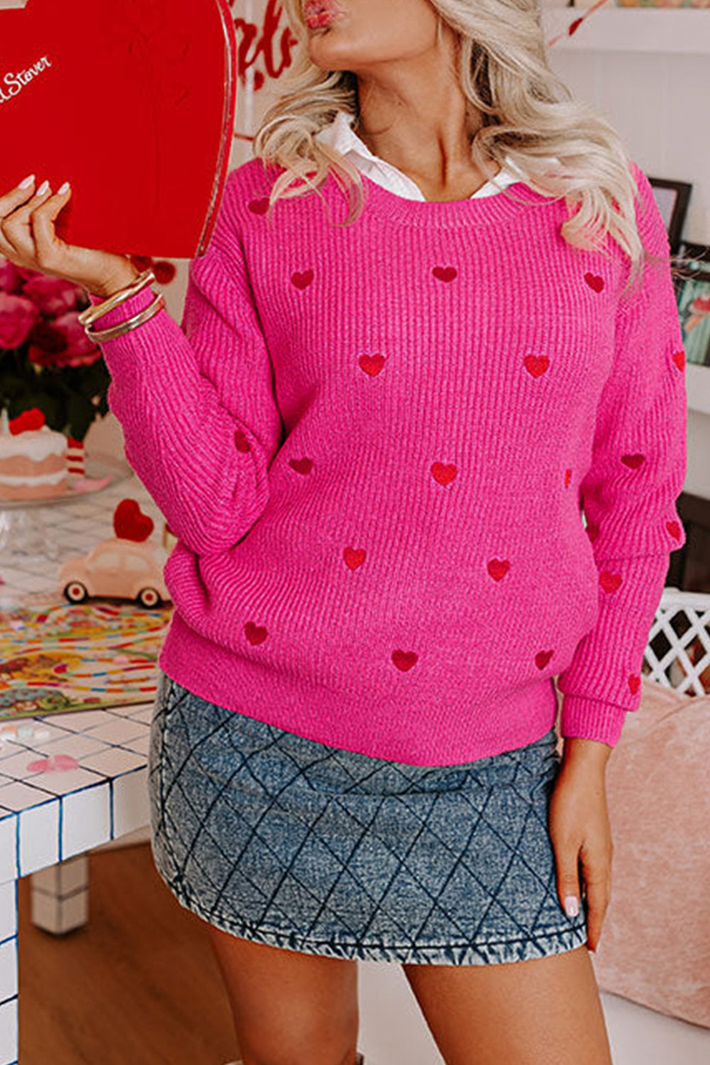 Rose Red Heart Shape Drop Shoulder Round Neck Sweater