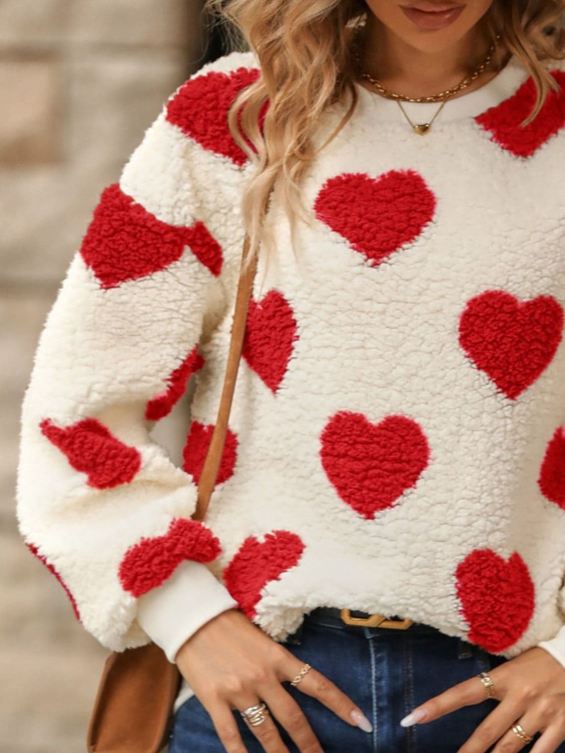 Fuzzy Heart Dropped Shoulder Sweatshirt.