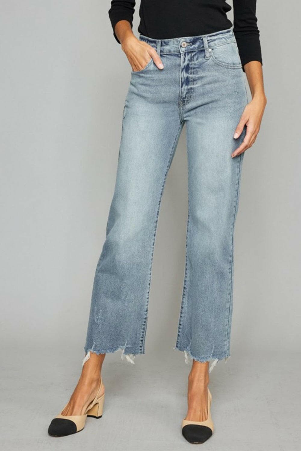 Kancan High Waist Raw Hem Cropped Wide Leg Jeans.