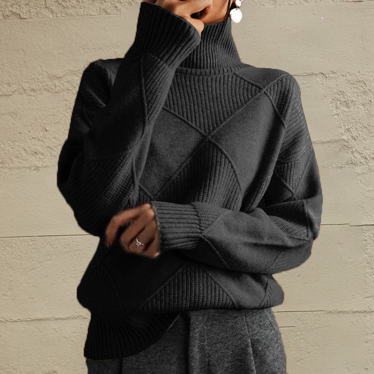 Geometric Turtleneck Long Sleeve Sweater.