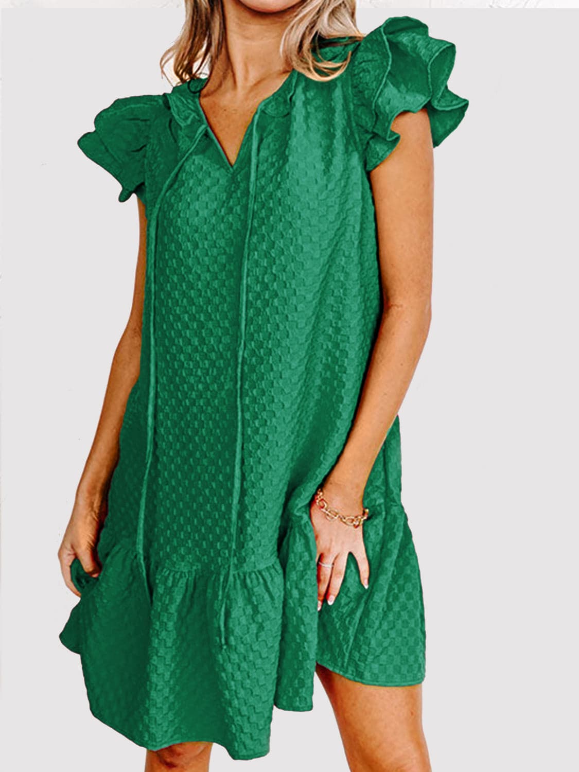 Ruffled Tie Neck Cap Sleeve Dress.