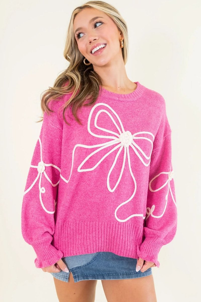 Charming Bright Pink Ribbed Trim Sweater with Flower Bow Detail - Love Salve 