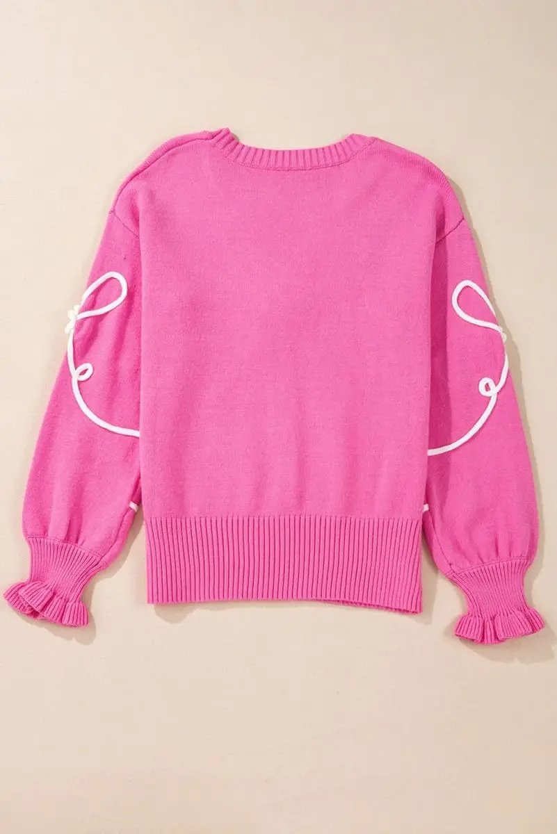 Charming Bright Pink Ribbed Trim Sweater with Flower Bow Detail - Love Salve 