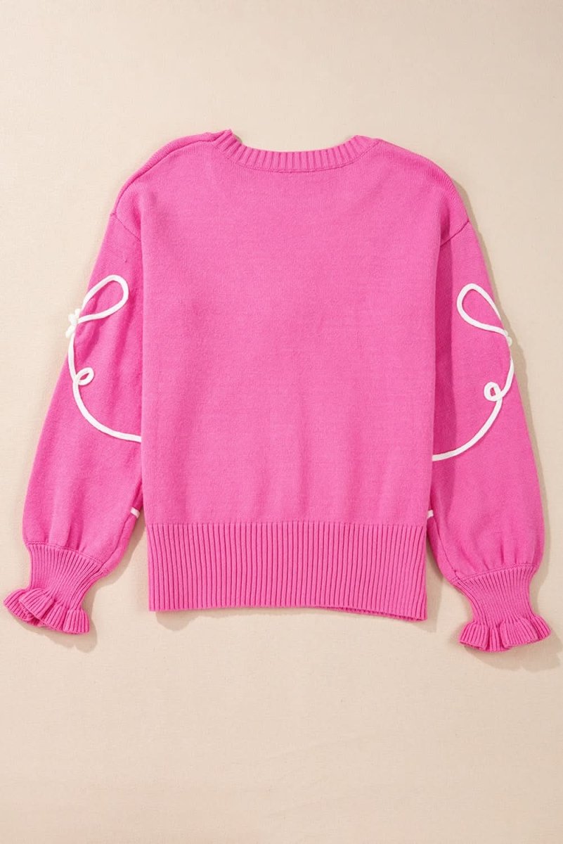 Charming Bright Pink Ribbed Trim Sweater with Flower Bow Detail - Love Salve 