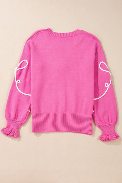 Charming Bright Pink Ribbed Trim Sweater with Flower Bow Detail - Love Salve 