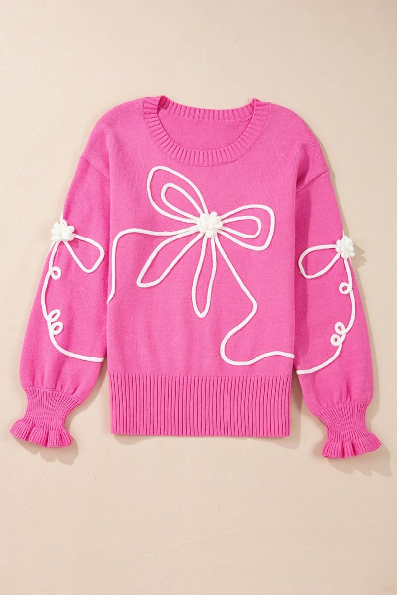 Charming Bright Pink Ribbed Trim Sweater with Flower Bow Detail - Love Salve 