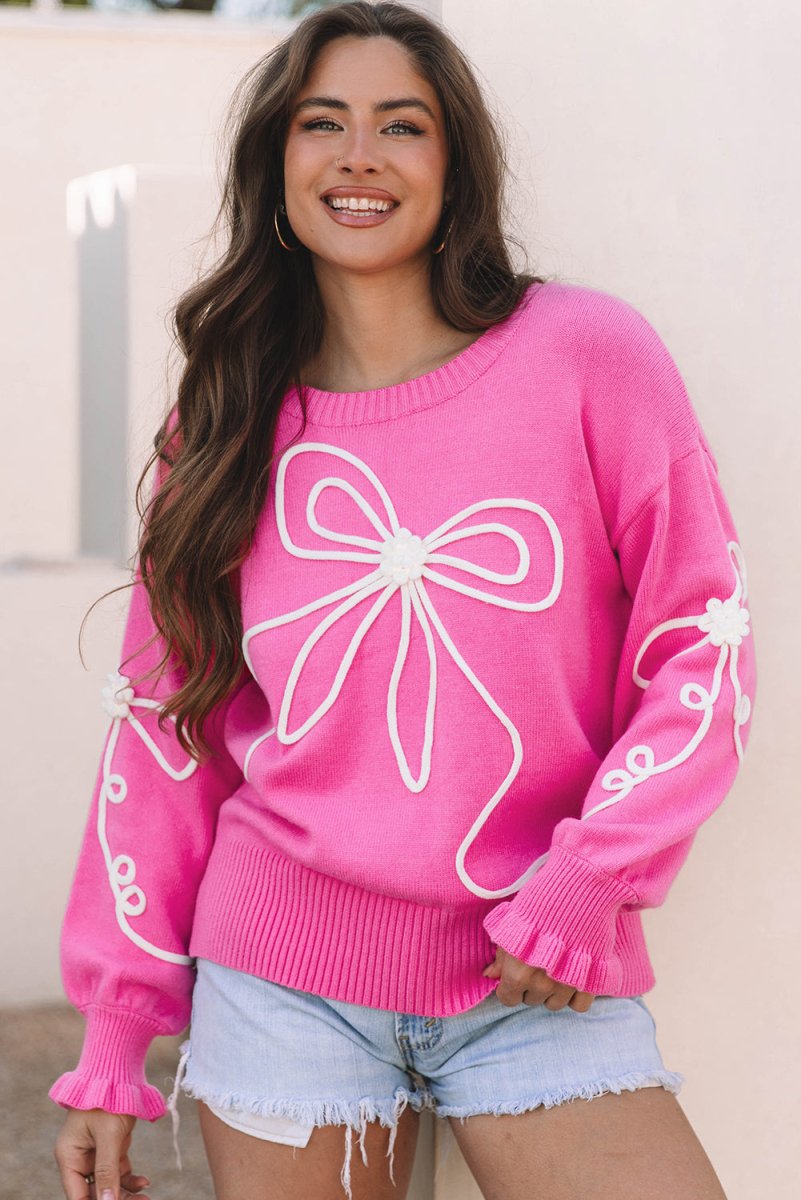 Charming Bright Pink Ribbed Trim Sweater with Flower Bow Detail - Love Salve 