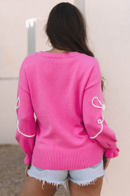 Charming Bright Pink Ribbed Trim Sweater with Flower Bow Detail - Love Salve 
