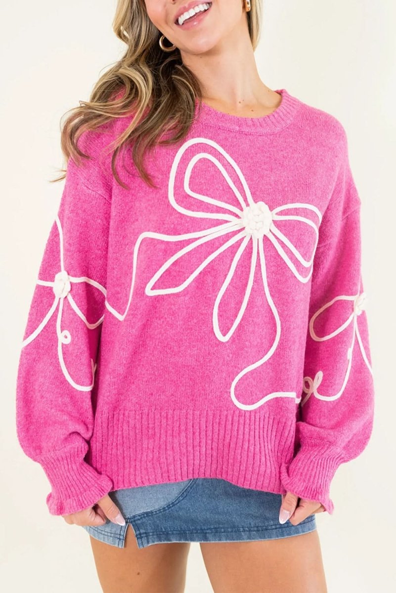 Charming Bright Pink Ribbed Trim Sweater with Flower Bow Detail - Love Salve 