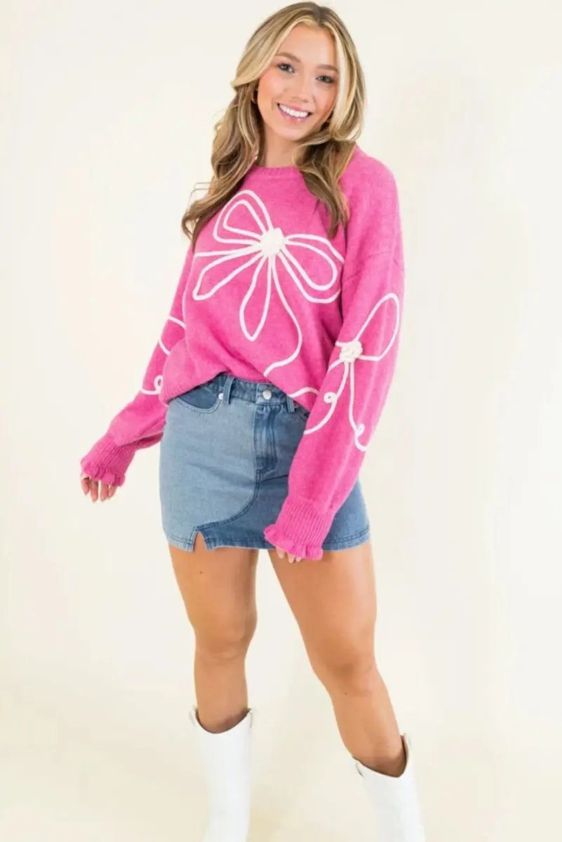 Charming Bright Pink Ribbed Trim Sweater with Flower Bow Detail - Love Salve 