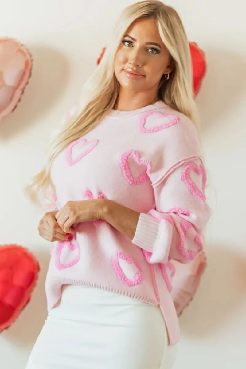 Charming Pink Heart Bubble Sleeve Oversized Sweater - Love Salve 