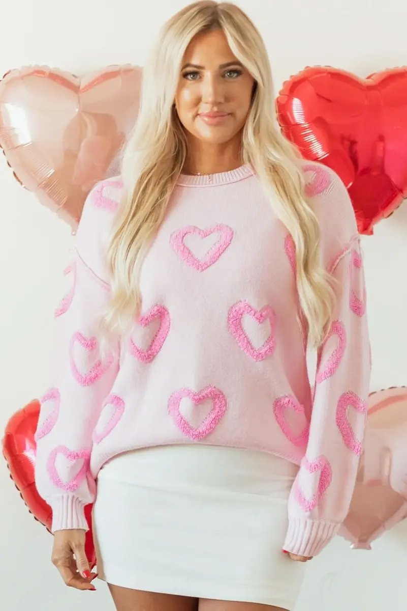 Charming Pink Heart Bubble Sleeve Oversized Sweater - Love Salve 